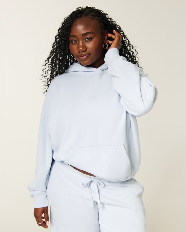 Light Blue Fleece Hoodie with Gold Hoop Earrings — Hoodie Outfits Women