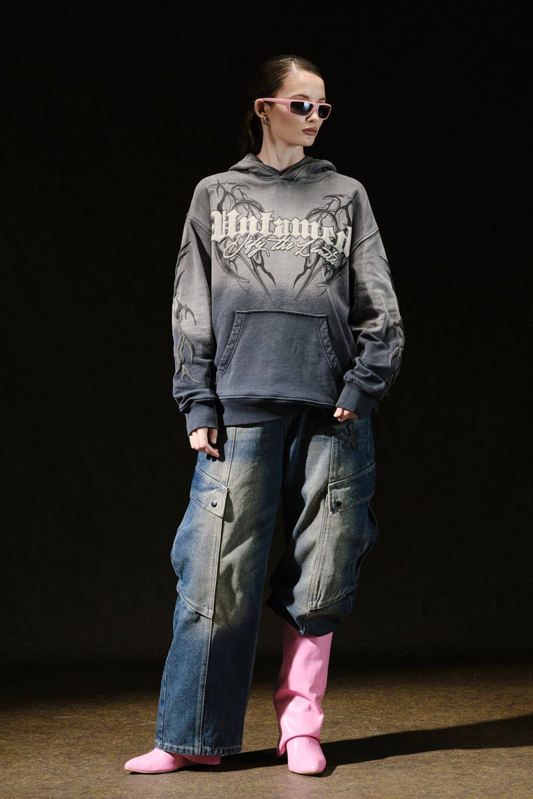 Graphic Hoodie with Baggy Jeans and Pink Boots — Hoodie Outfits Women