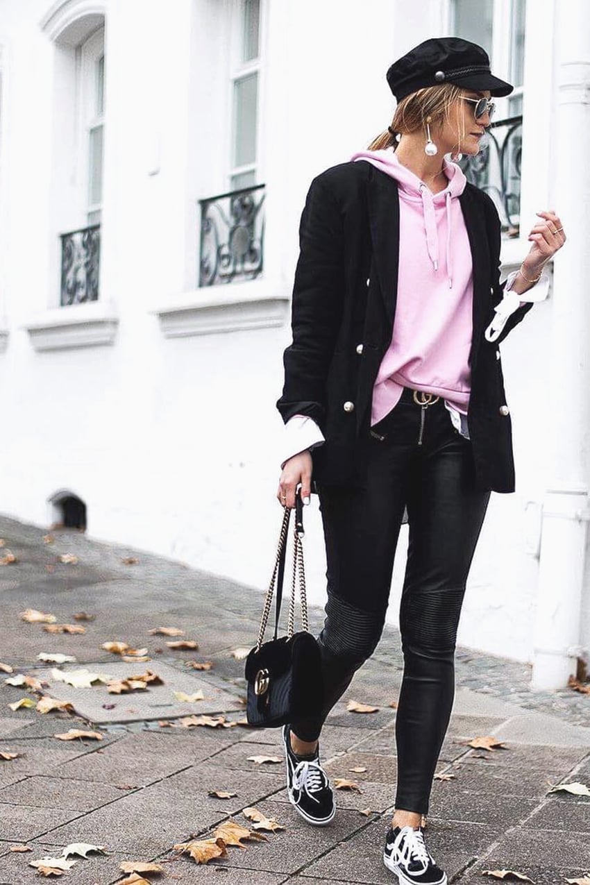 Pink Hoodie Under Black Blazer with Leather Pants — Hoodie Outfits Women
