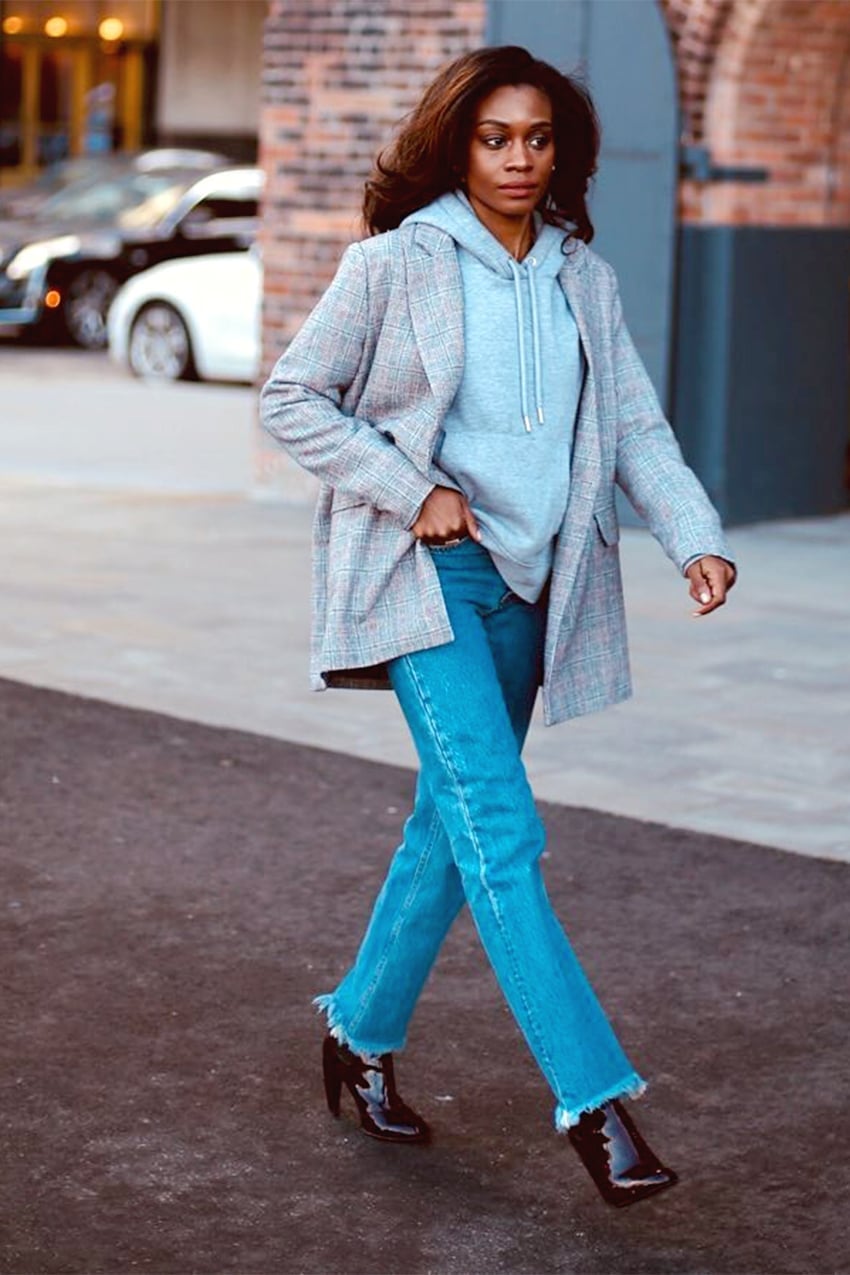 Gray Hoodie Under Plaid Blazer with Jeans — Hoodie Outfits Women