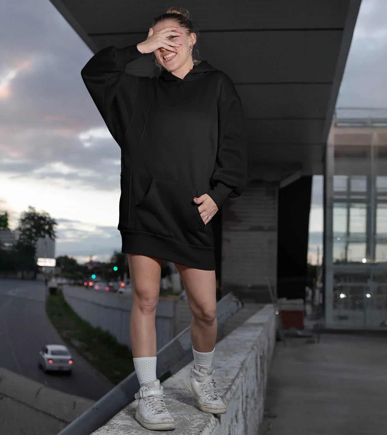 Oversized Black Hoodie Dress with White Sneakers — Hoodie Outfits Women