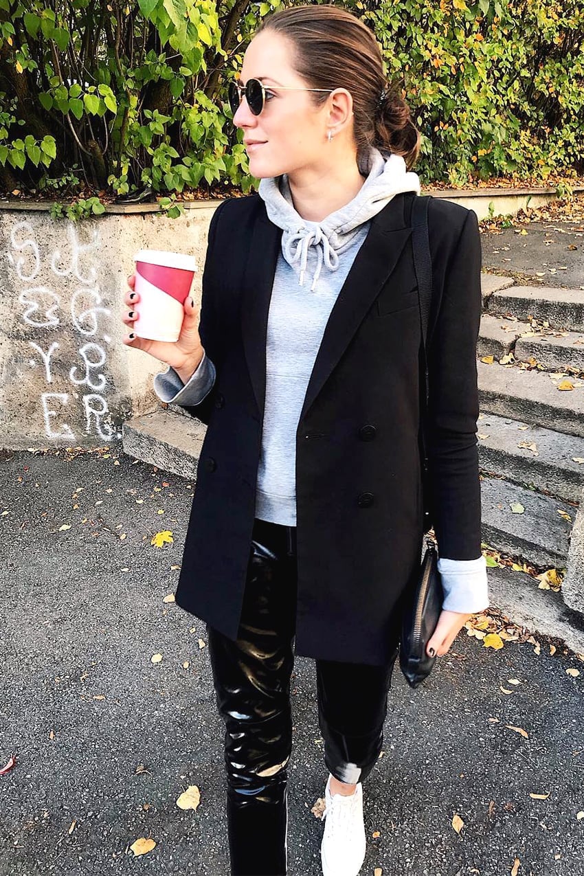Gray Hoodie Under Double-Breasted Blazer with Trousers — Hoodie Outfits Women