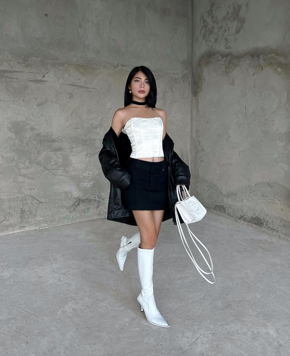 Leather Jacket with Tube Top and Mini Skirt Leather Jacket with Tube Top and Mini Skirt — K-pop Outfits