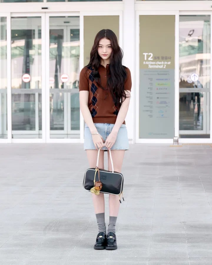 Argyle Polo and Denim Mini Skirt Argyle Polo and Denim Mini Skirt — K-pop Outfits