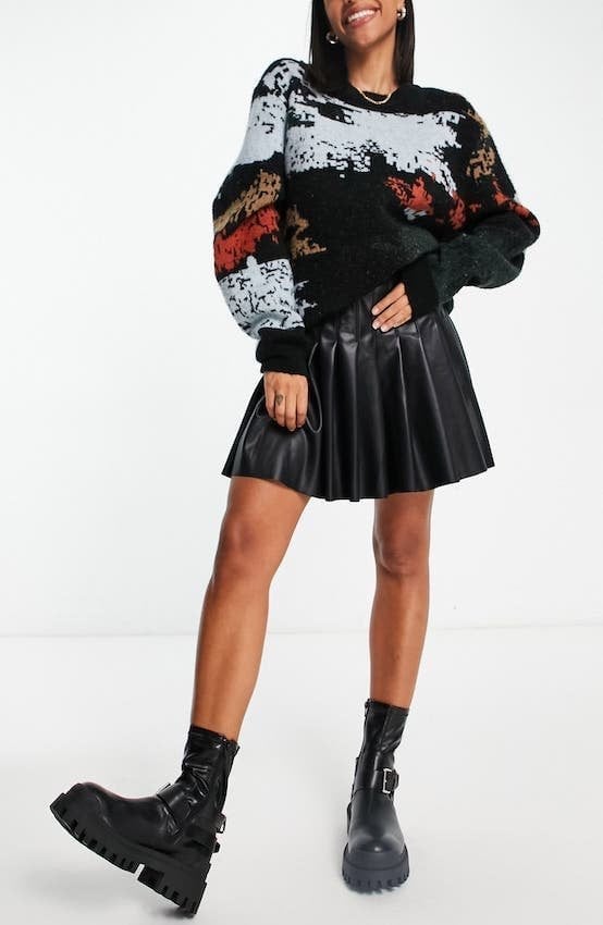 Patterned Sweater and Faux Leather Skirt Patterned Sweater and Faux Leather Skirt — K-pop Outfits