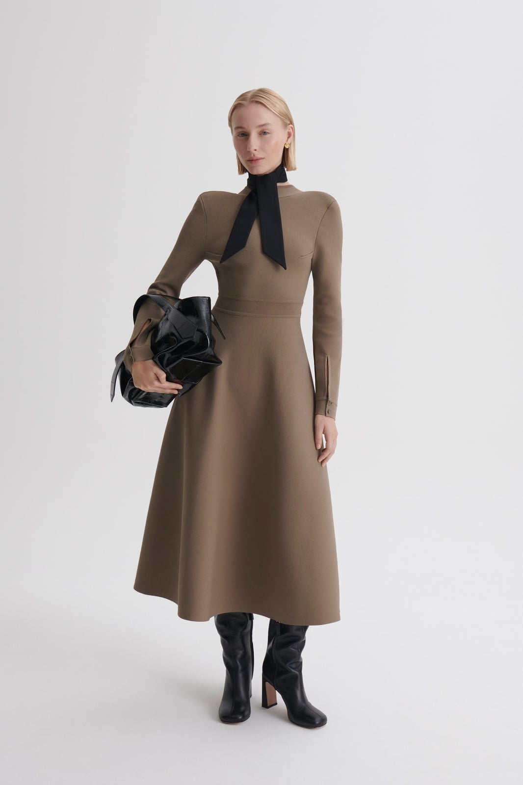 Taupe long-sleeve knit dress with flared skirt and dramatic scarf — Knitted Dresses