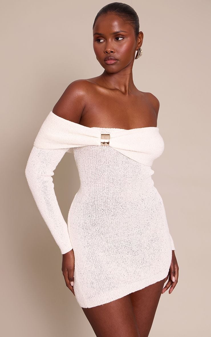 Cream off-the-shoulder knit dress with gold hardware — Knitted Dresses