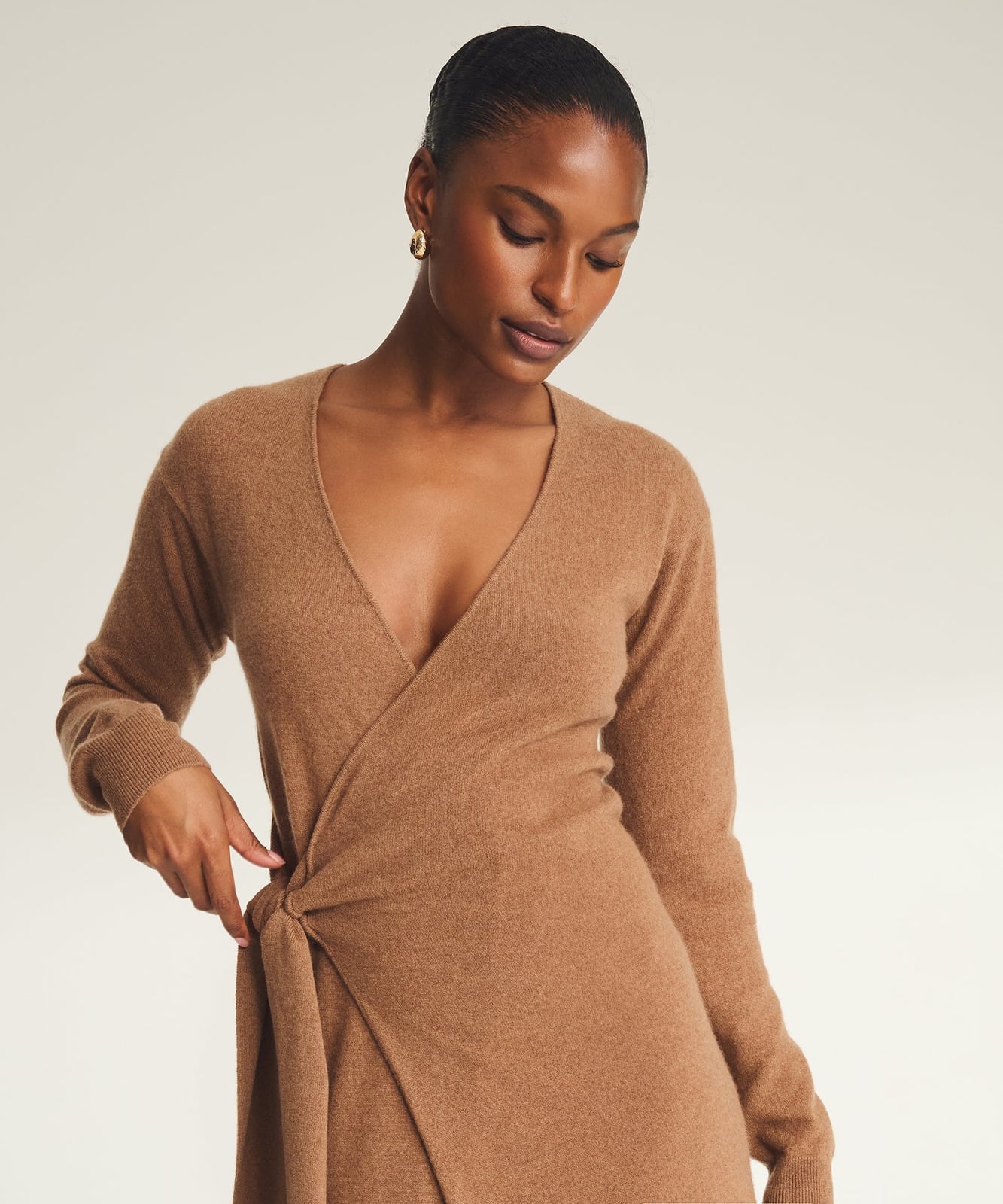 Camel wrap knit dress with deep V-neck — Knitted Dresses