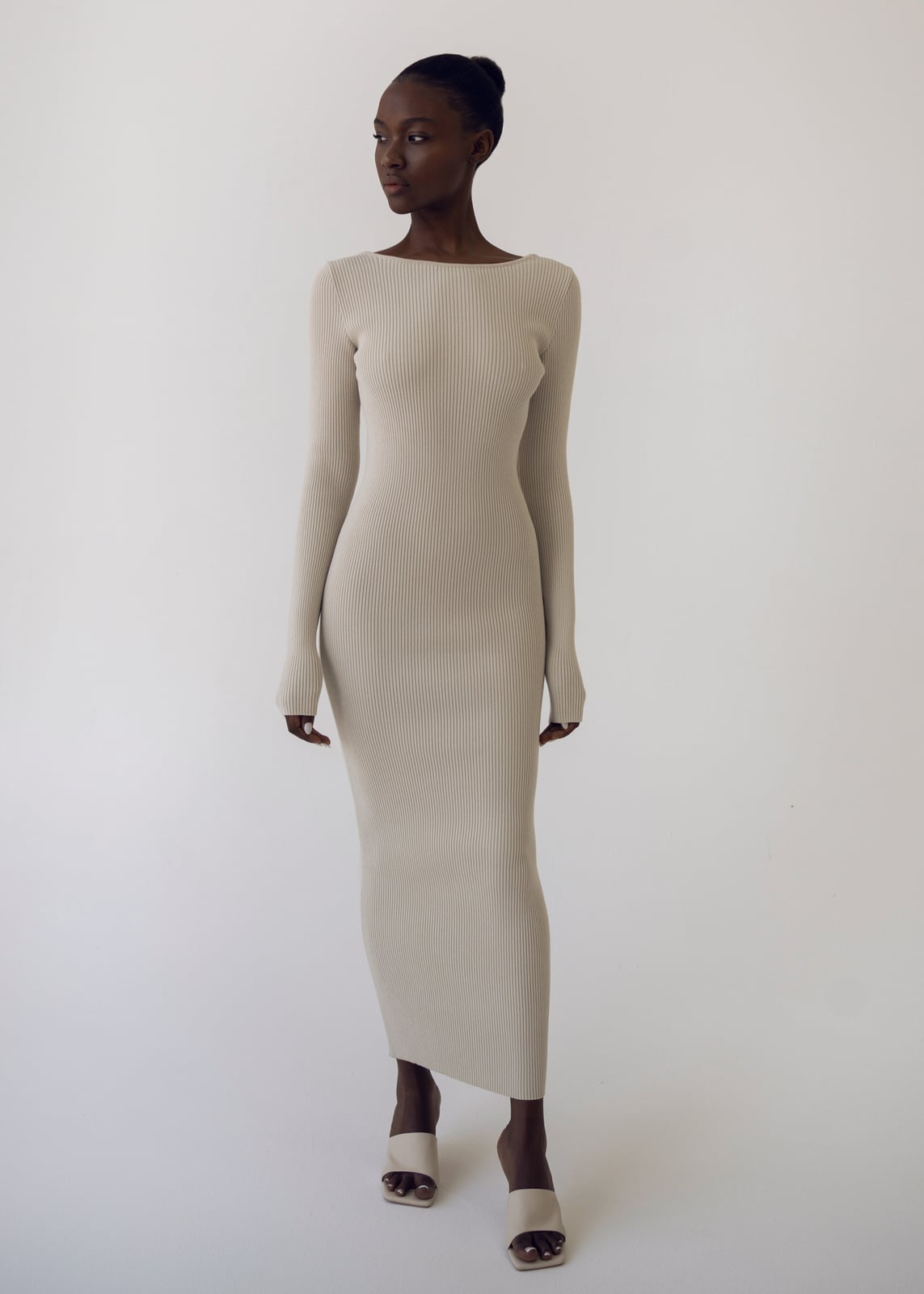 Beige ribbed knit dress with open back detail — Knitted Dresses