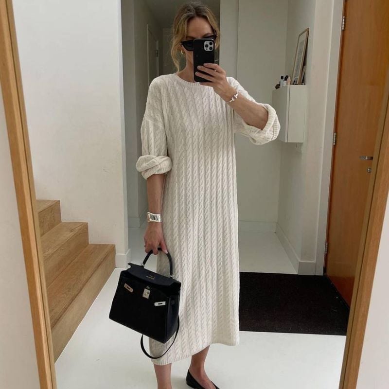 Cream cable knit midi dress with rolled cuffs — Knitted Dresses