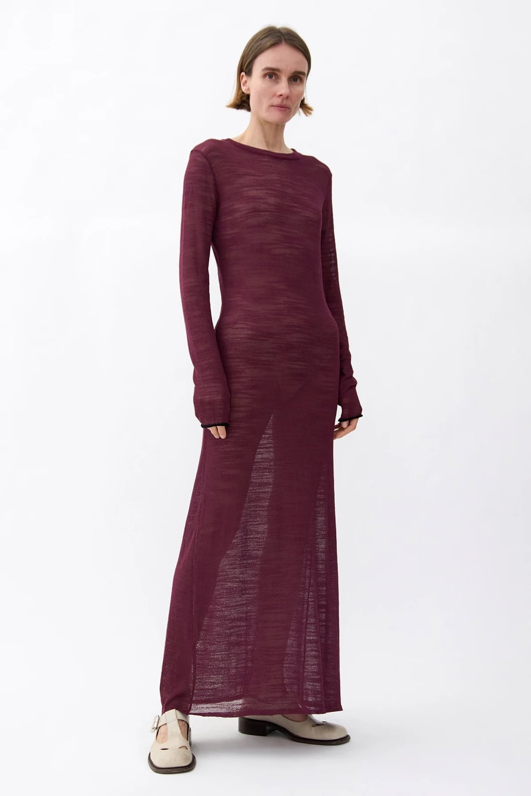 Deep red sheer knit maxi dress with crew neck — Knitted Dresses