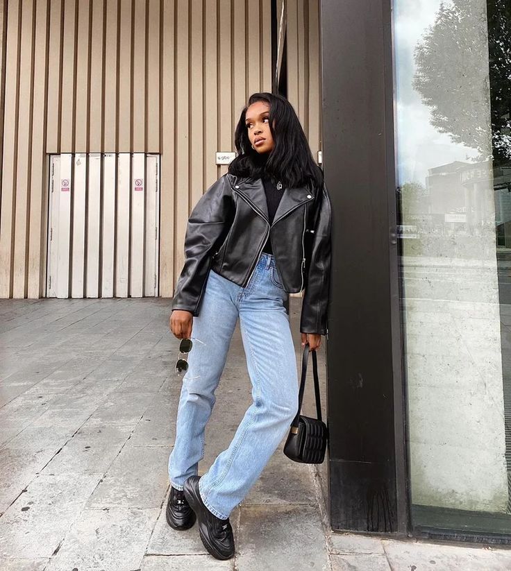 Oversized Jacket With Wide Leg Jeans — Leather Jacket Outfits Women