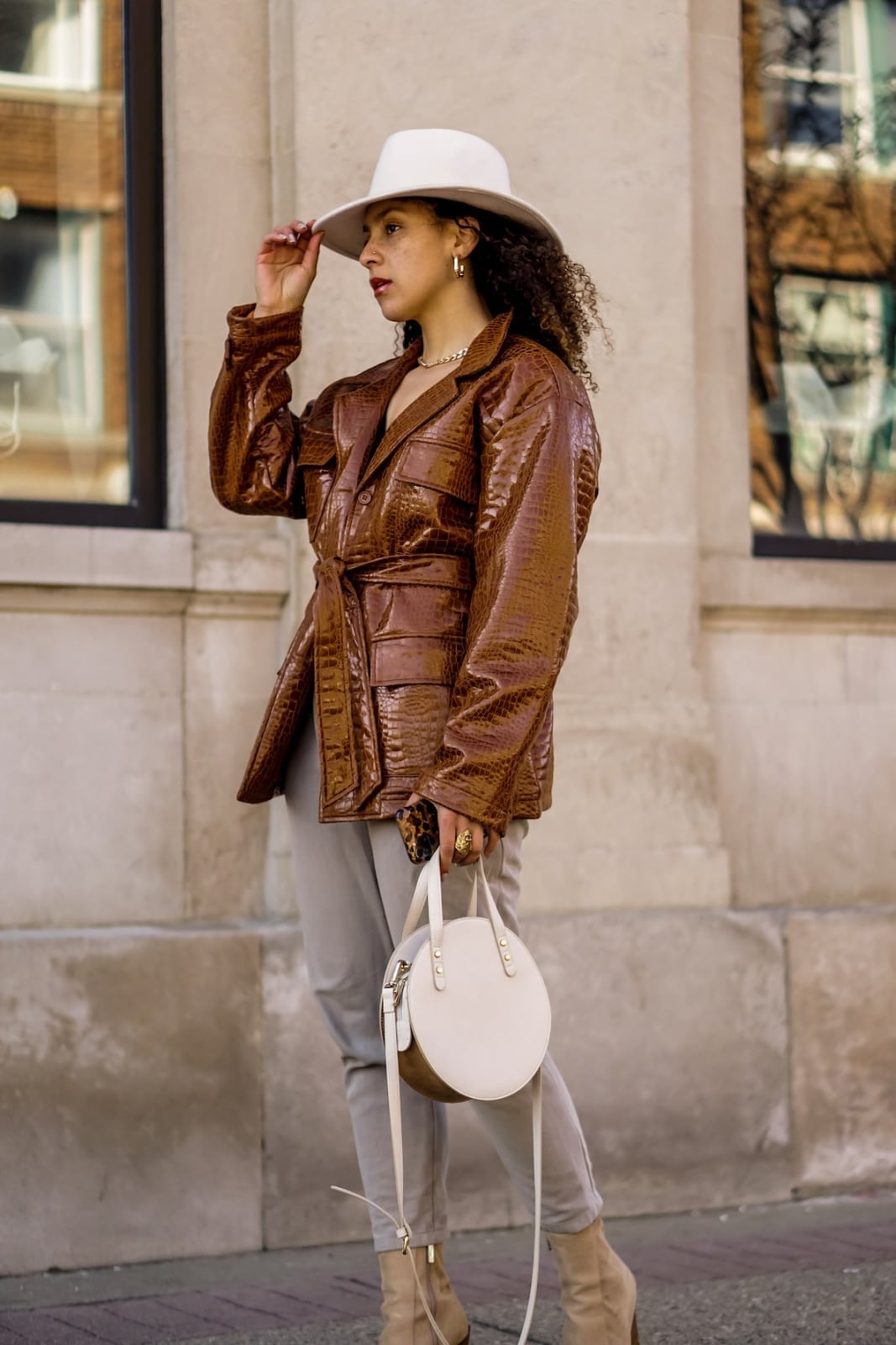 Belted Croc-Effect Jacket With Gray Trousers — Leather Jacket Outfits Women