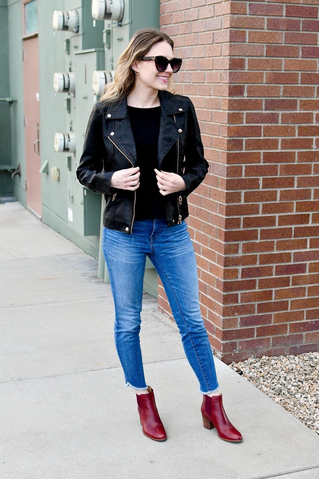 Moto Jacket With Skinny Jeans And Red Boots — Leather Jacket Outfits Women