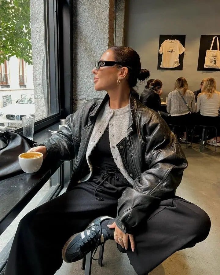 Oversized Leather Jacket Over Knitwear — Leather Jacket Outfits Women