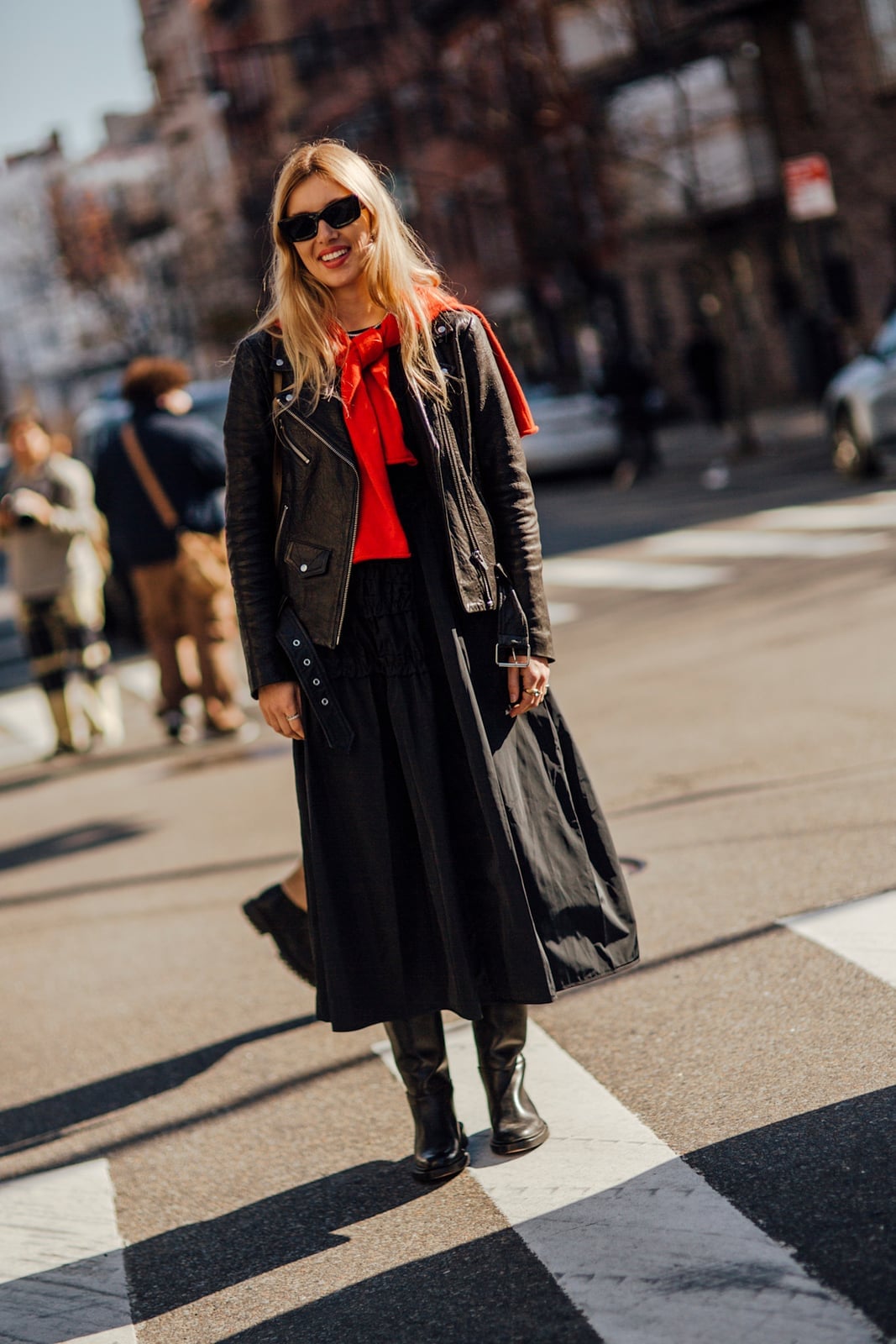 Leather Jacket With Knit Sweater And Pinstripe Trousers — Leather Jacket Outfits Women
