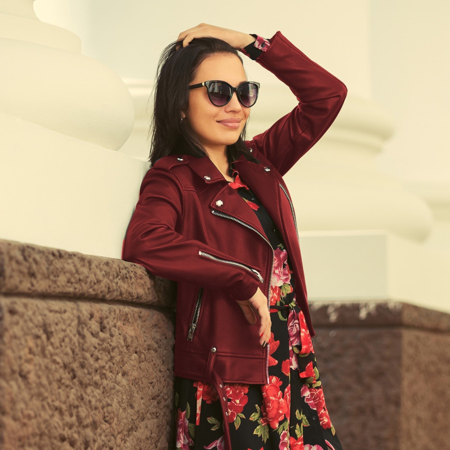 Red Moto Jacket Over Floral Dress — Leather Jacket Outfits Women