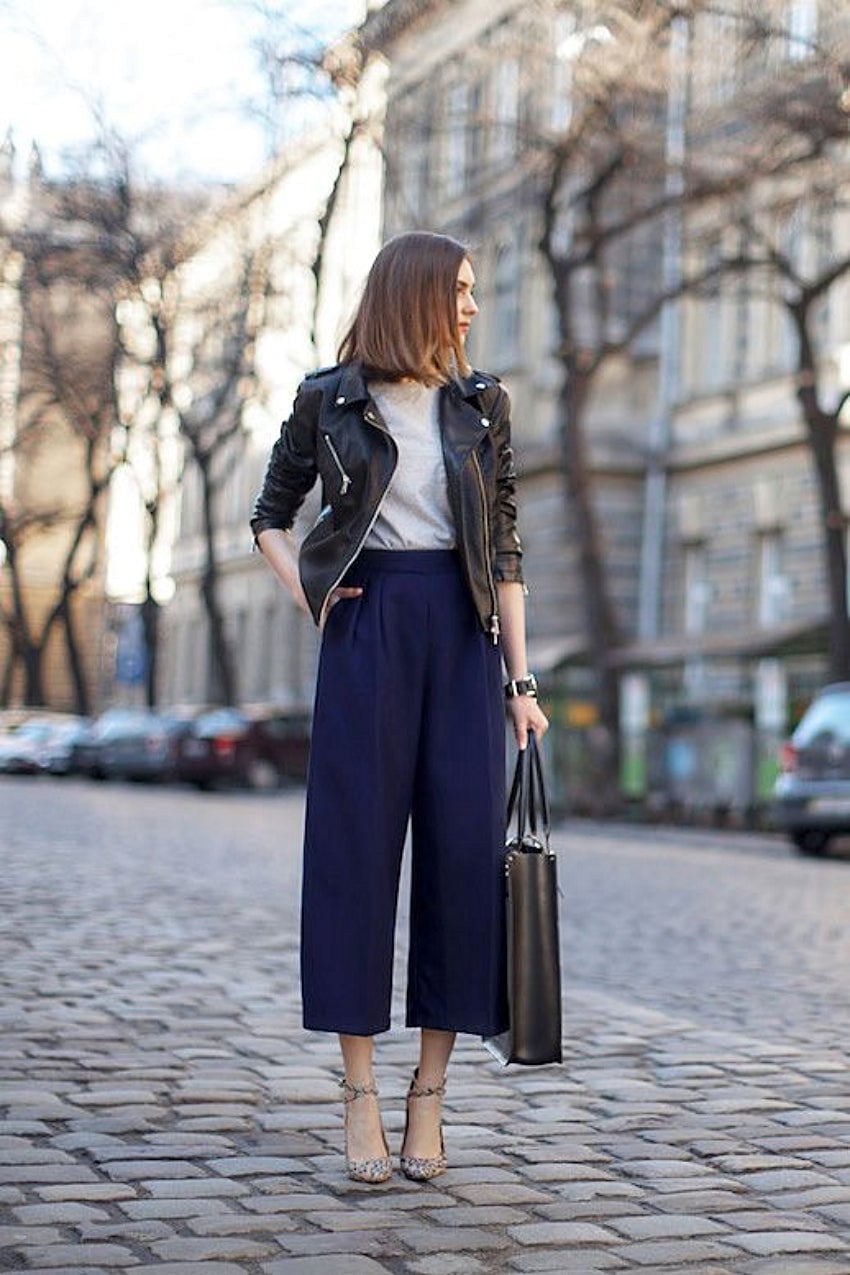 Moto Jacket With Culottes And Leopard Heels — Leather Jacket Outfits Women