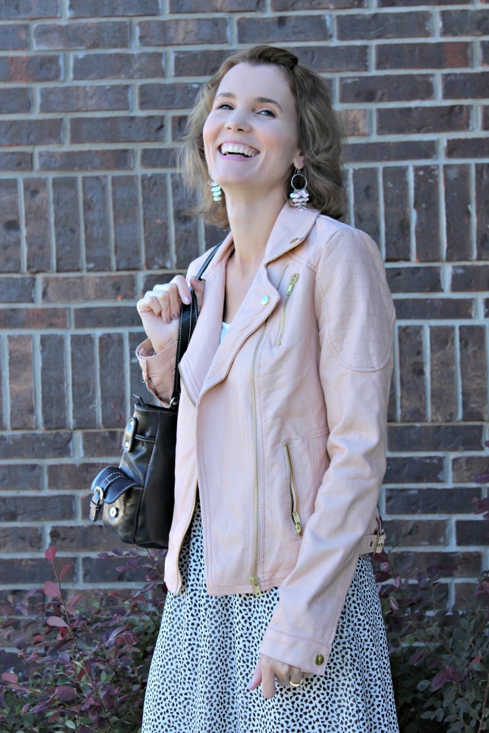 Pink Moto Jacket With Patterned Skirt — Leather Jacket Outfits Women