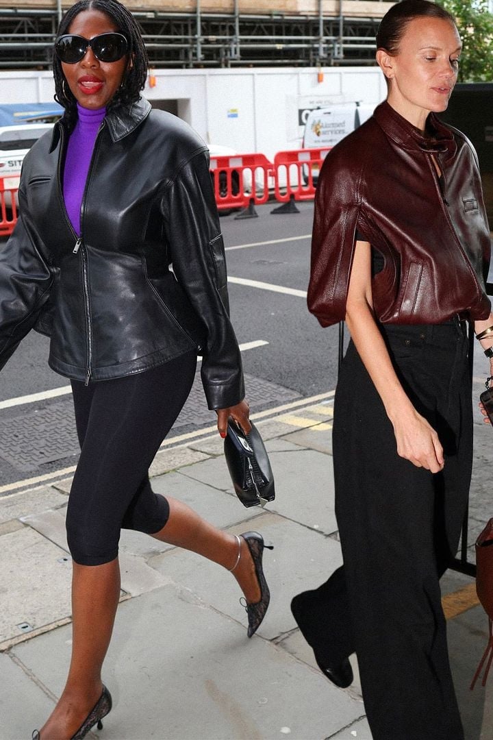 Leather Jacket With Bright Turtleneck And Leggings, Red Sunglasses — Leather Jacket Outfits Women