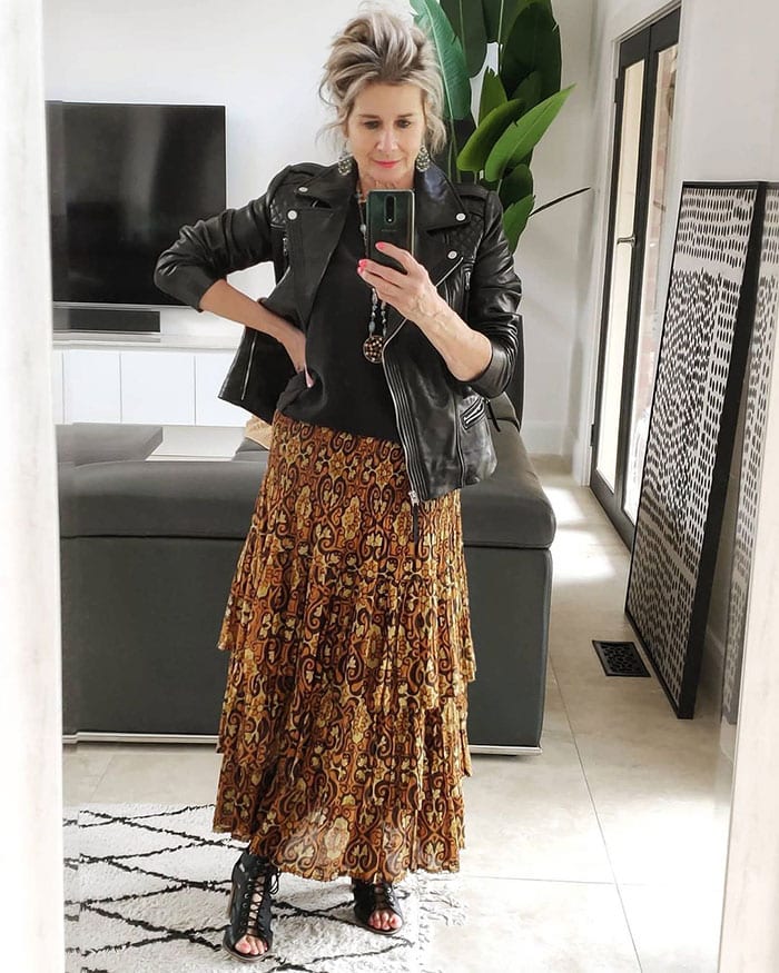 Moto Jacket With Tiered Maxi Skirt, Black Open-Toe Heels — Leather Jacket Outfits Women