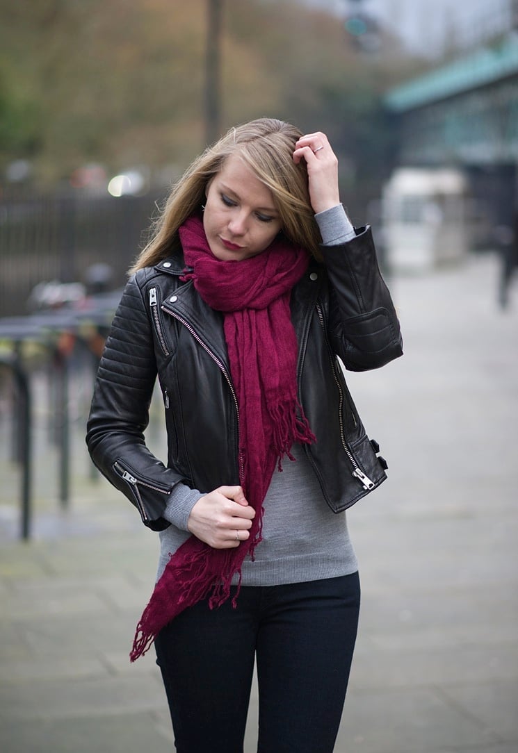 Biker Jacket With Long Sleeve Top And Slim Pants, Pointed Toe Flats — Leather Jacket Outfits Women