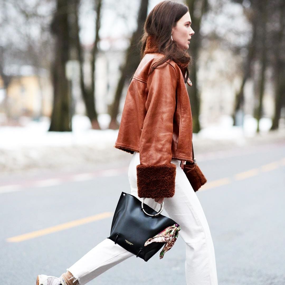 Shearling Collar Leather Jacket With Straight Pants — Leather Jacket Outfits Women