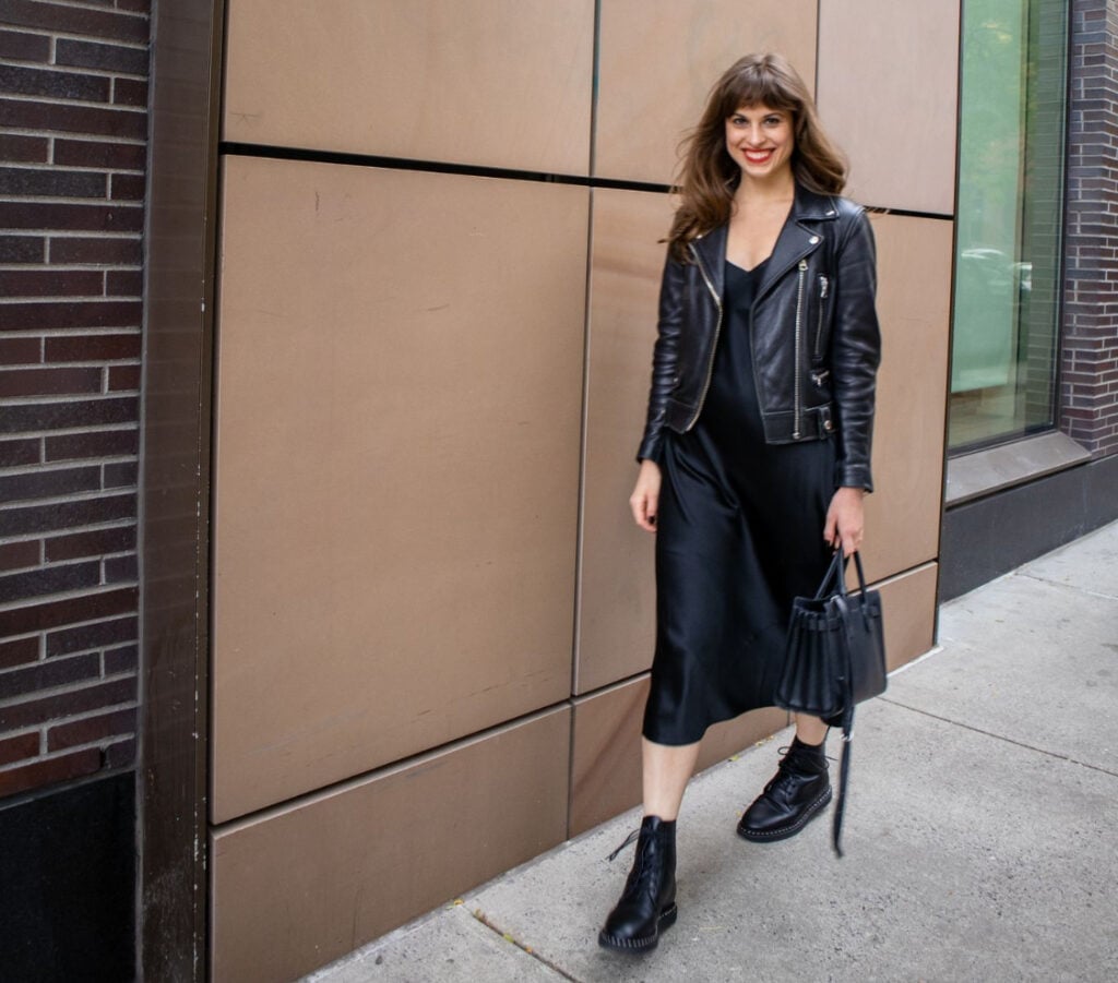 Moto Jacket With Satin Slip Dress — Leather Jacket Outfits Women