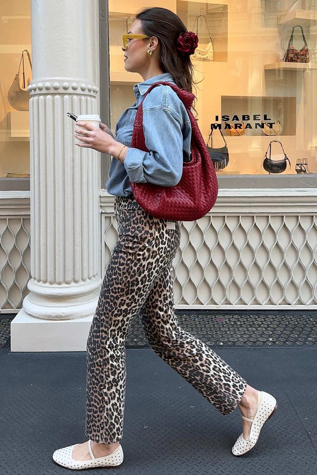 Leopard Pants with a Denim Shirt and Red Bag — Leopard Outfits