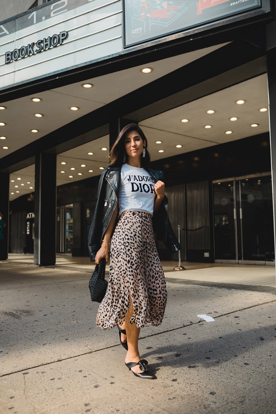 Leopard A-Line Skirt with a Graphic Tee and Leather Jacket — Leopard Outfits