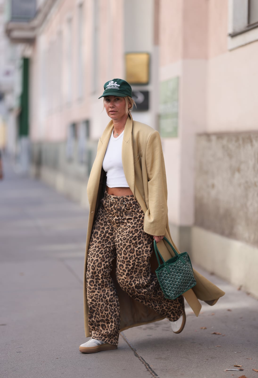 Casual Leopard Trousers Paired with a Beige Coat — Leopard Outfits