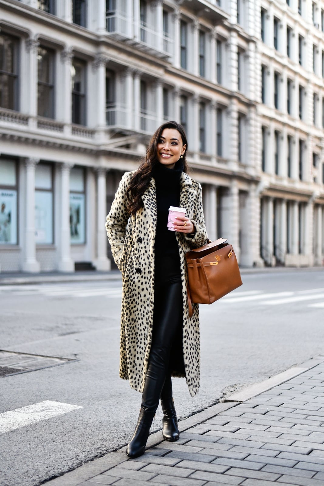 Leopard Faux Fur Coat Over Leather Trousers — Leopard Outfits