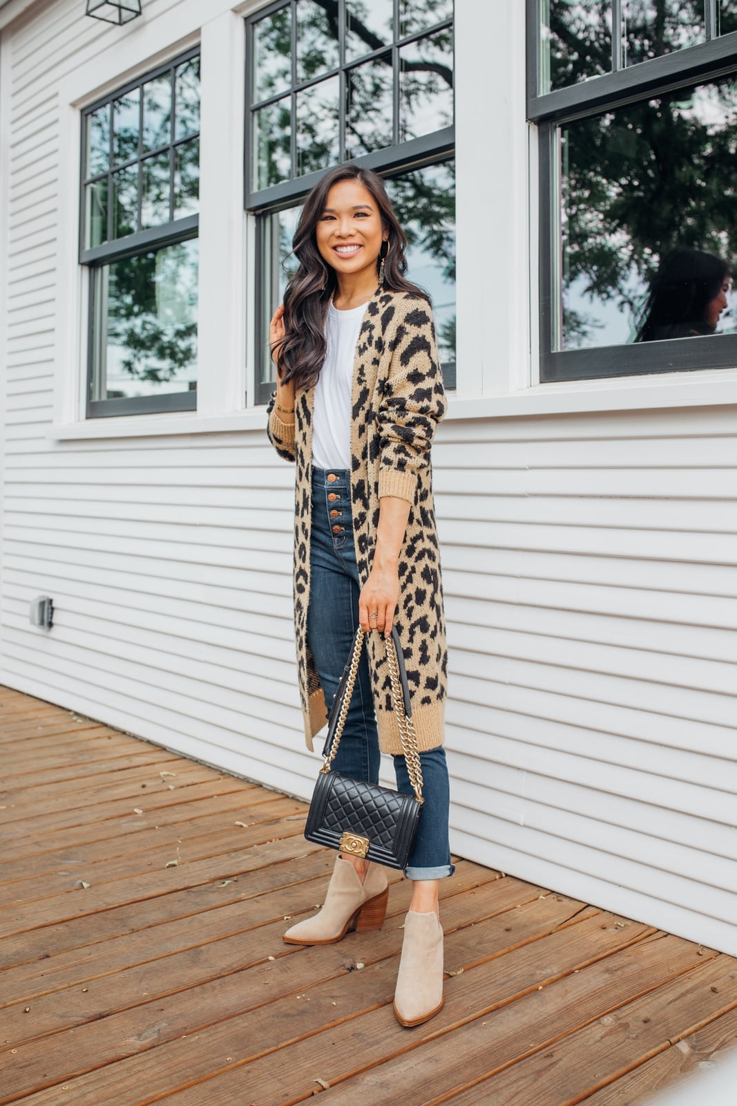 Longline Leopard Cardigan Over a White Tee — Leopard Outfits