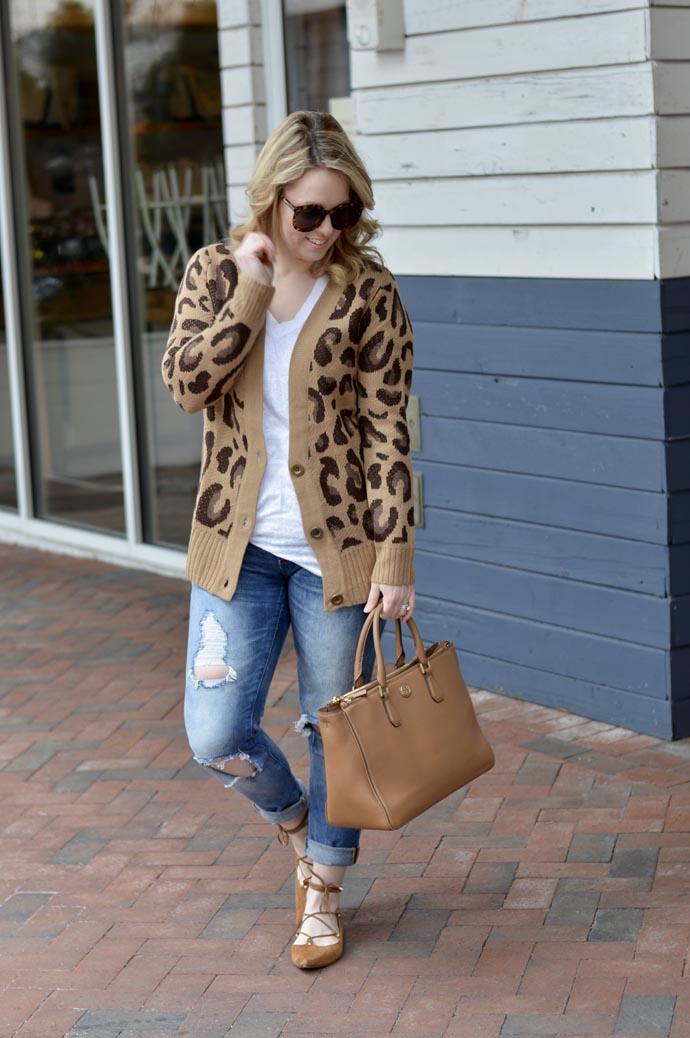 Leopard Knit Cardigan with Distressed Jeans — Leopard Outfits