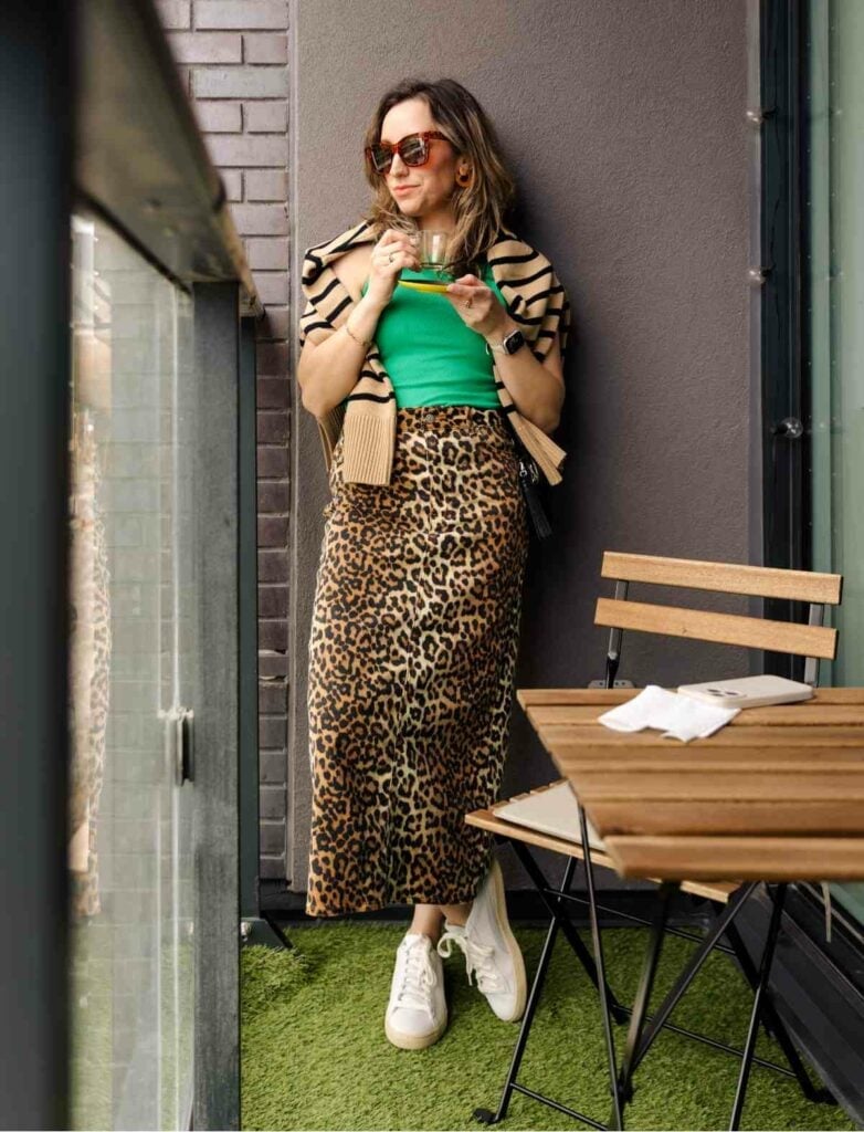 Leopard Satin Maxi Skirt with a Green Top — Leopard Outfits