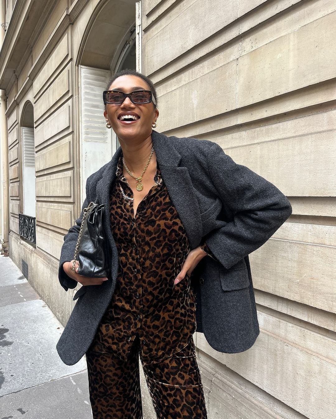 Leopard Velvet Suit with a Charcoal Blazer — Leopard Outfits