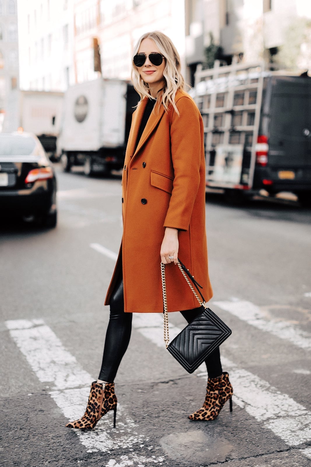 Orange Coat Over Leather Leggings with Leopard Booties — Leopard Outfits