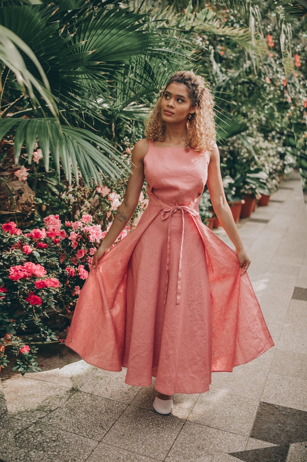 Dusty Pink Linen Blend Midi Dress with Tie Belt — Linen Dress Designs