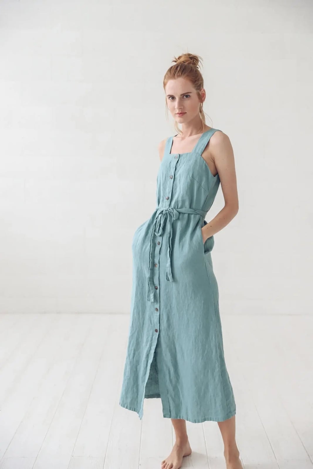 Light Blue Linen Button-Down Midi Dress with Belt — Linen Dress Designs