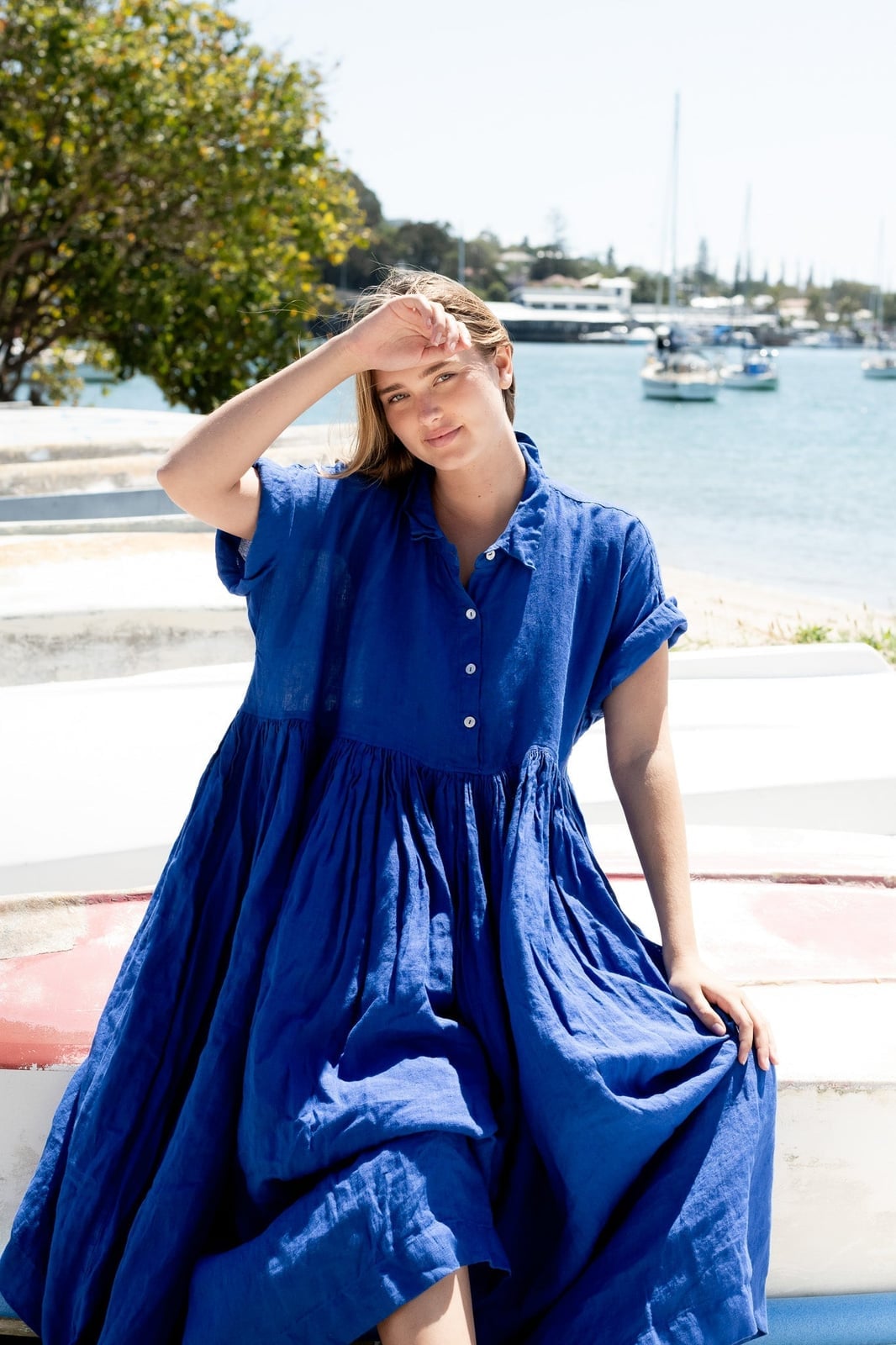 Royal Blue Linen Dress with Full Gathered Skirt — Linen Dress Designs