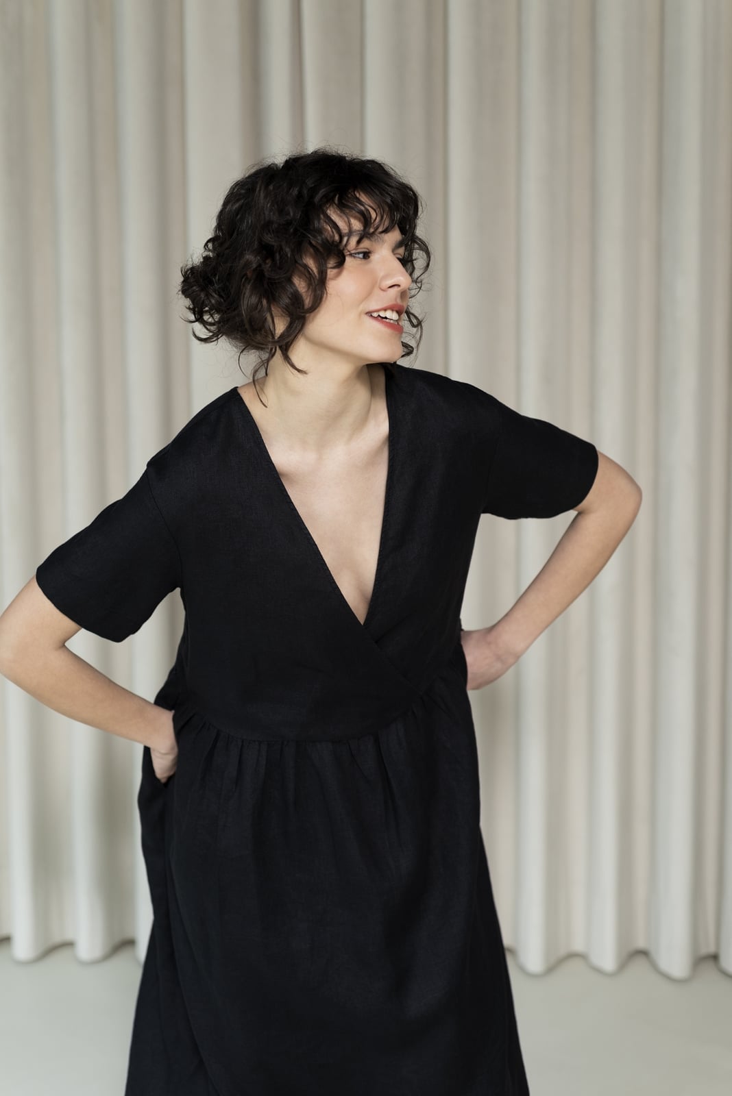 Black Linen Short Sleeve Wrap Dress with Deep V-Neck — Linen Dress Designs