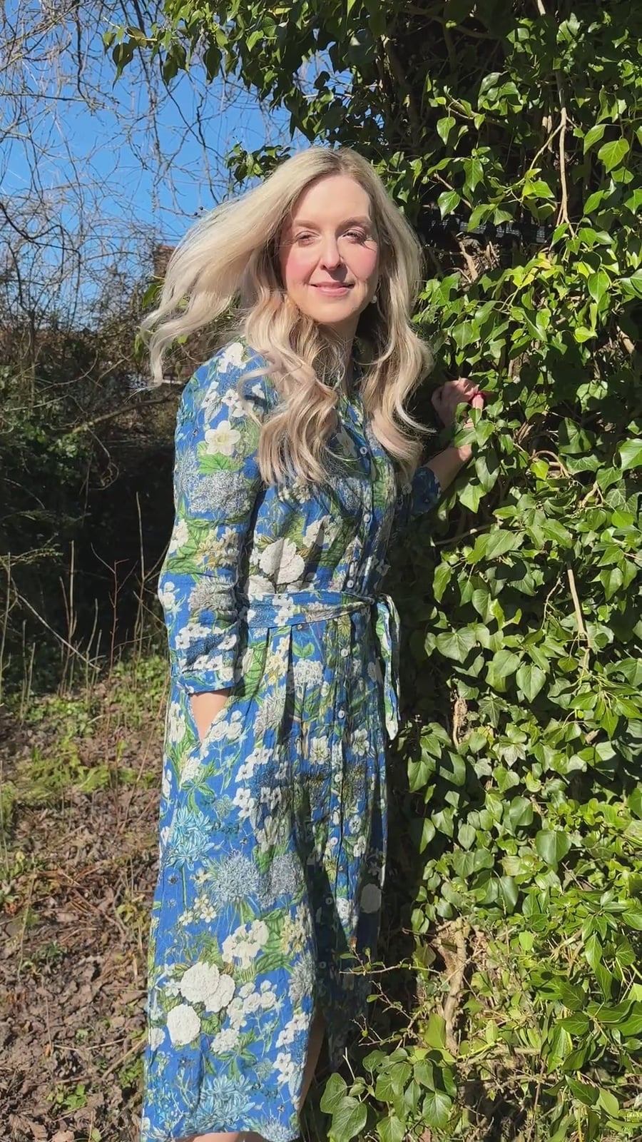 Blue and White Floral Linen Midi Dress with Puff Sleeves — Linen Dress Designs