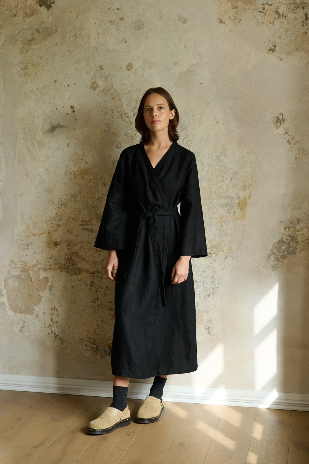 Black Heavy Linen Wrap Dress with Tie Waist — Linen Dress Designs