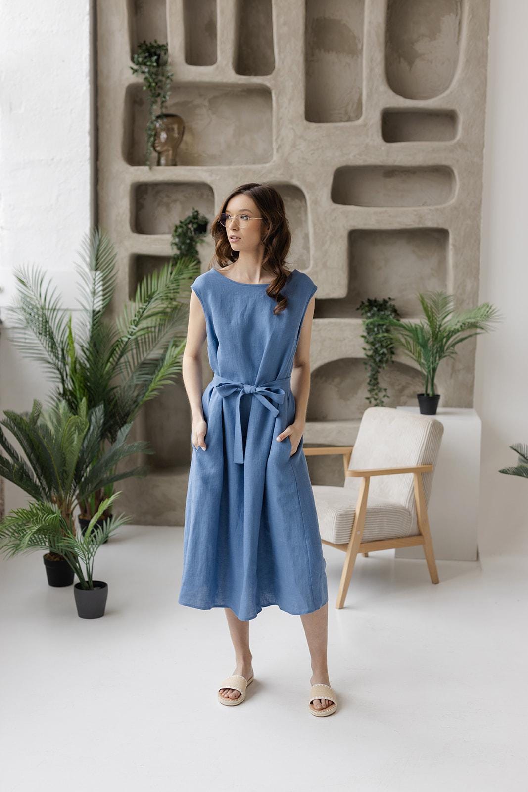 Blue Linen Midi Dress with Belted Waist and Pockets — Linen Dress Designs