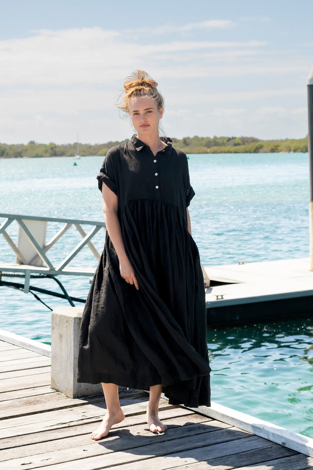 Black Linen Collared Dress with Voluminous Skirt — Linen Dress Designs