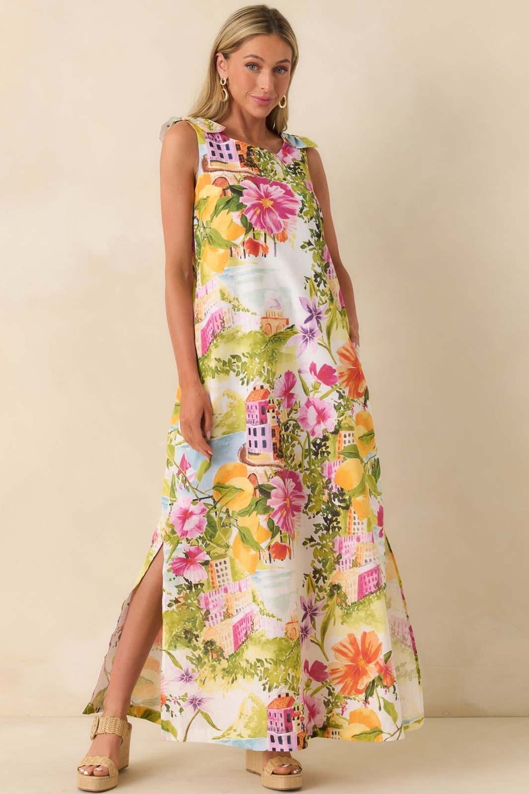 Multi-Color Scenic Print Linen Blend Maxi Dress — Linen Dress Designs