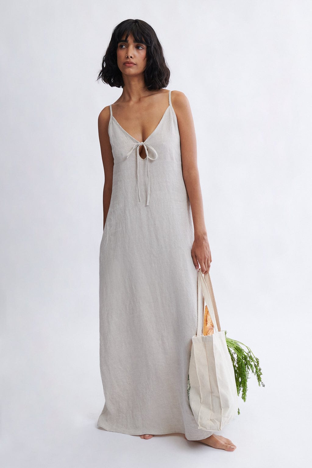 Off-White Linen Maxi Dress with Tie-Front Detail — Linen Dress Designs