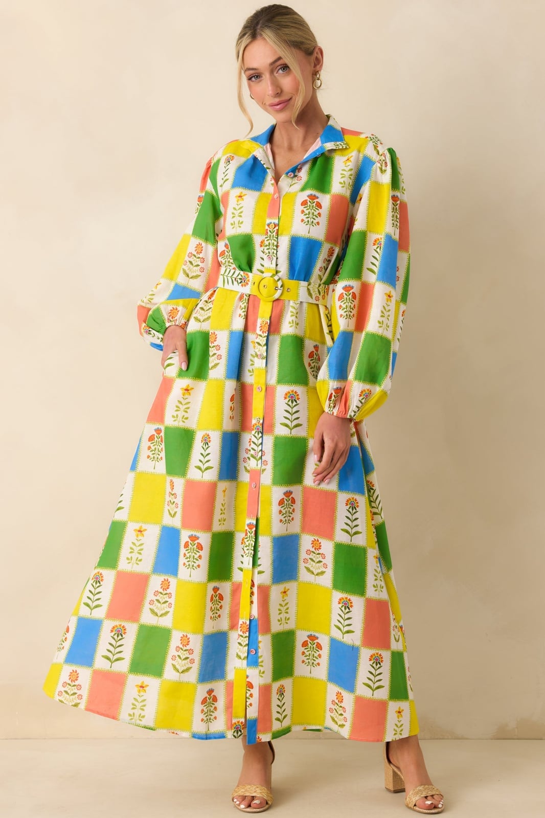 Multicolor Pastel Patchwork Print Linen Blend Maxi Dress — Linen Dress Designs