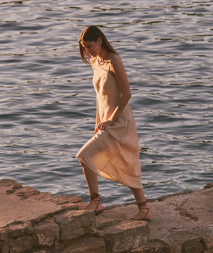 Beige and White Striped Linen Midi Dress with Thin Straps — Linen Dress Designs