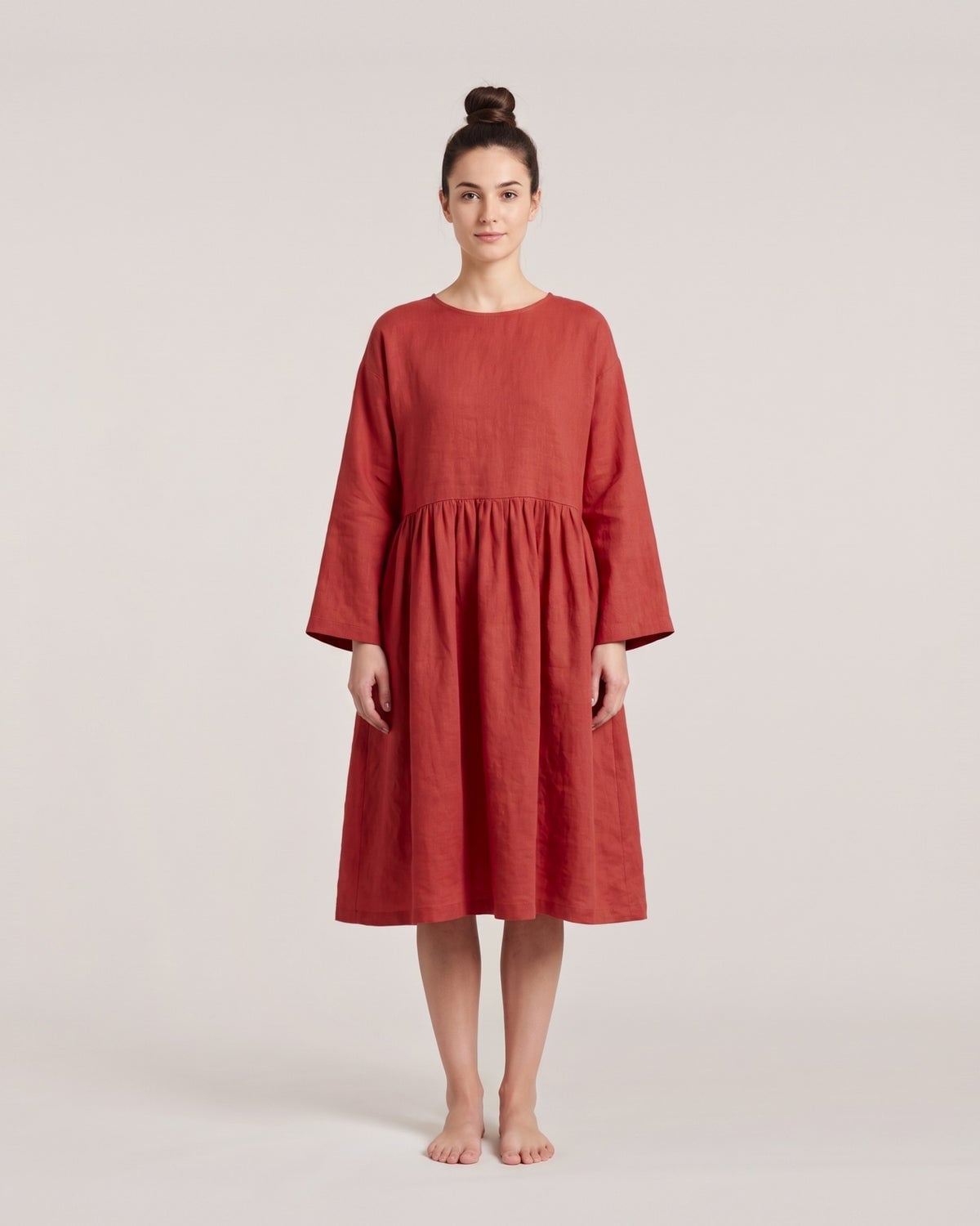 Red Linen Blend Long Sleeve Dress with Gathered Waist — Linen Dress Designs
